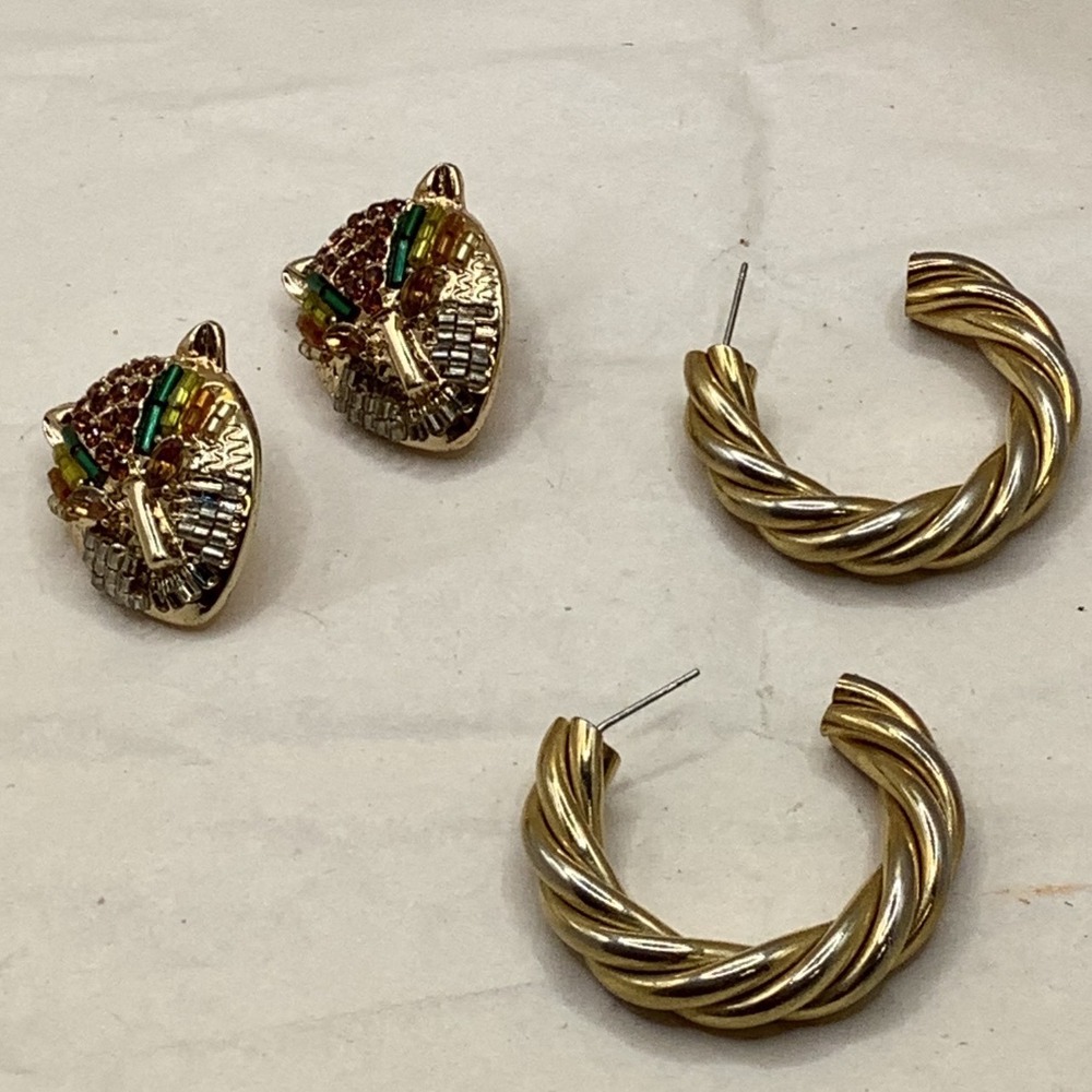 Lot 2 Pairs Beaded Leopard Cat Studs and Gold Tone Twisted Rope Hoop Earrings
